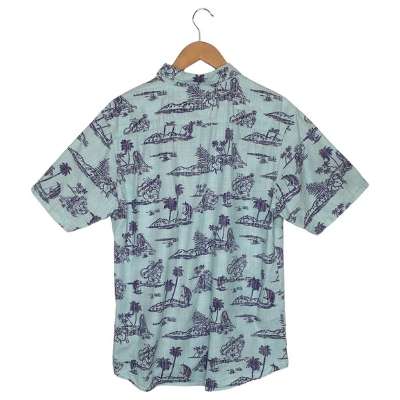 Rustic Blue Top Mens L Hawaiian Tropical Cotton Button Up Short Sleeves Blue - Picture 2 of 11